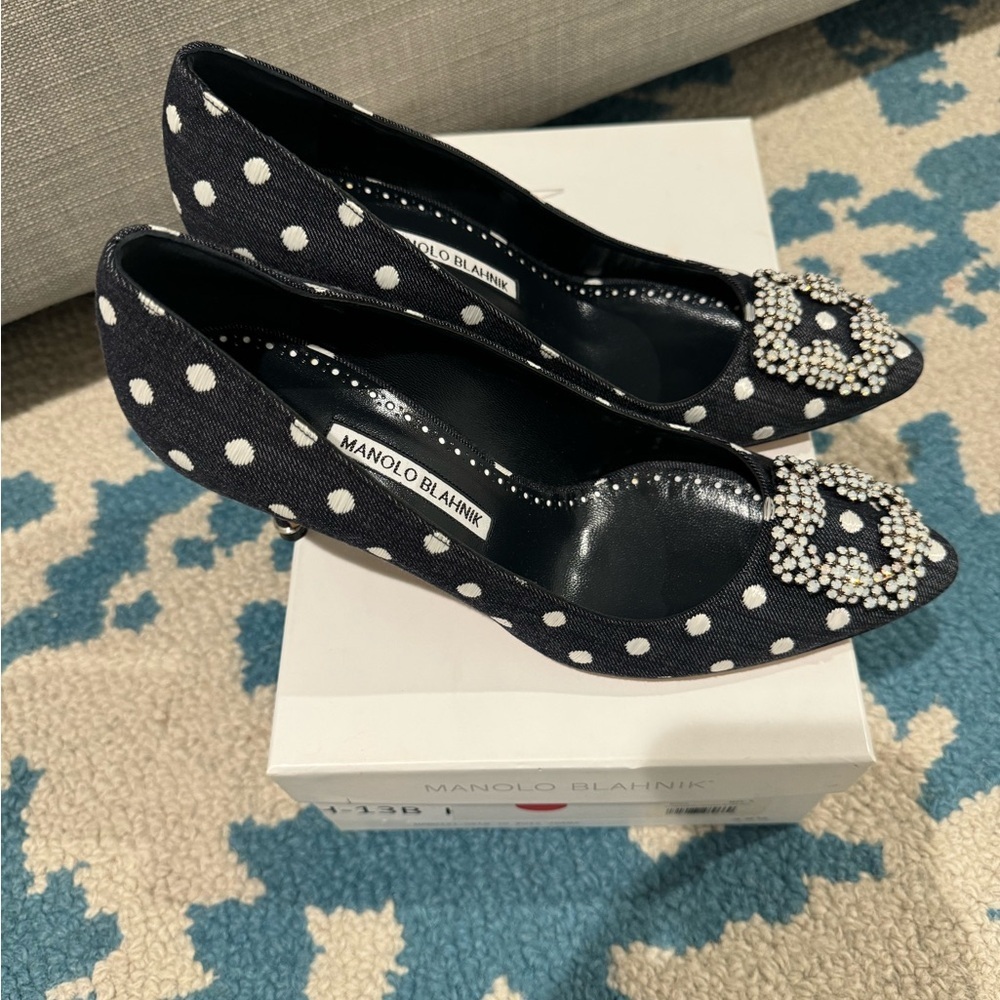 Manolo Blahnik Black and White Polka Dot Heels 70mm Jacquard Jeans Blk - Picture 8 of 10